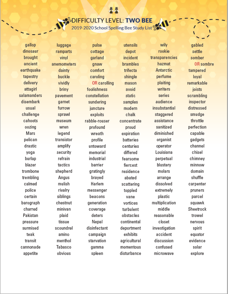 Printable Spelling Bee Words For Seniors