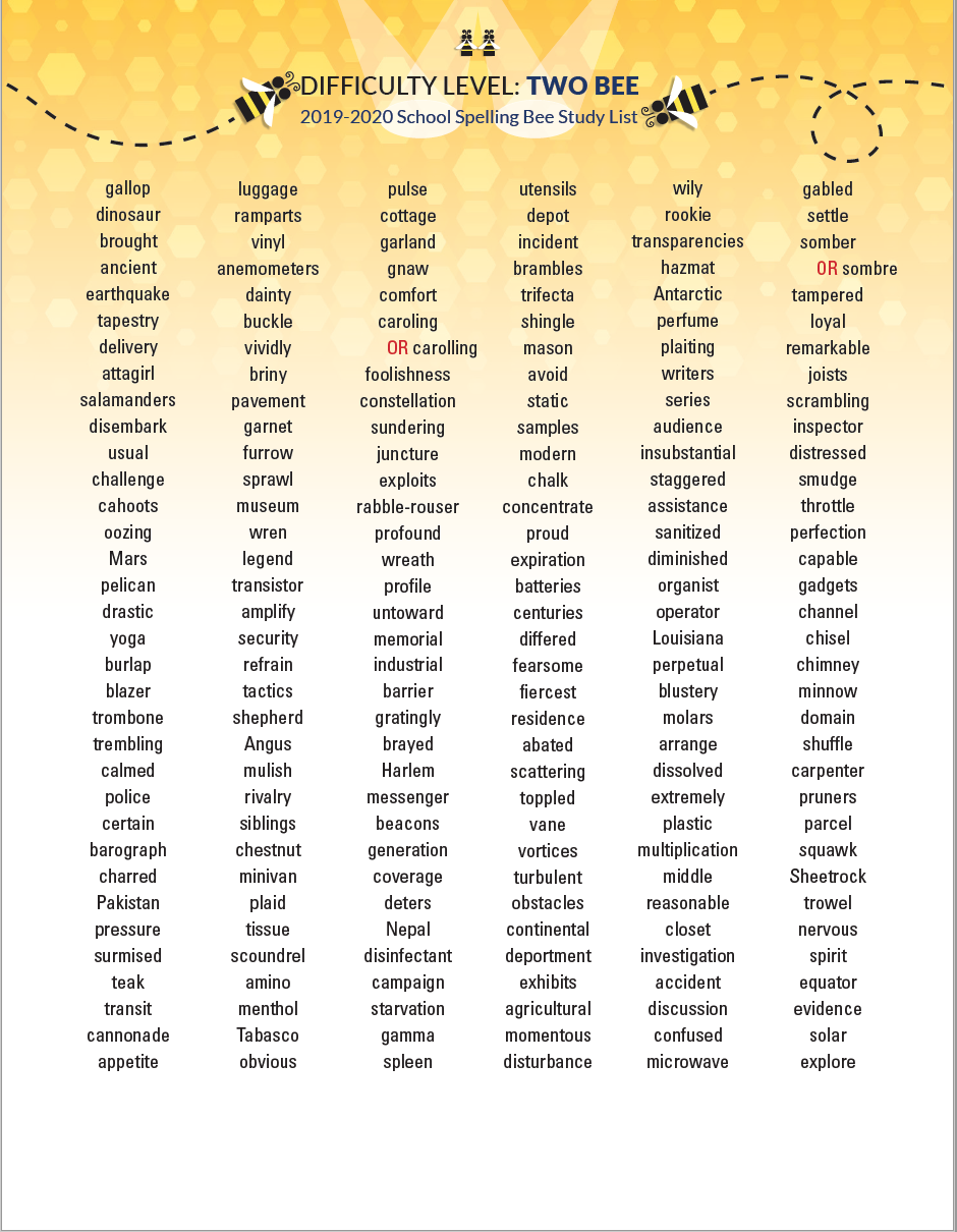 1st Grade Spelling Bee List   Grades 4 6 A 