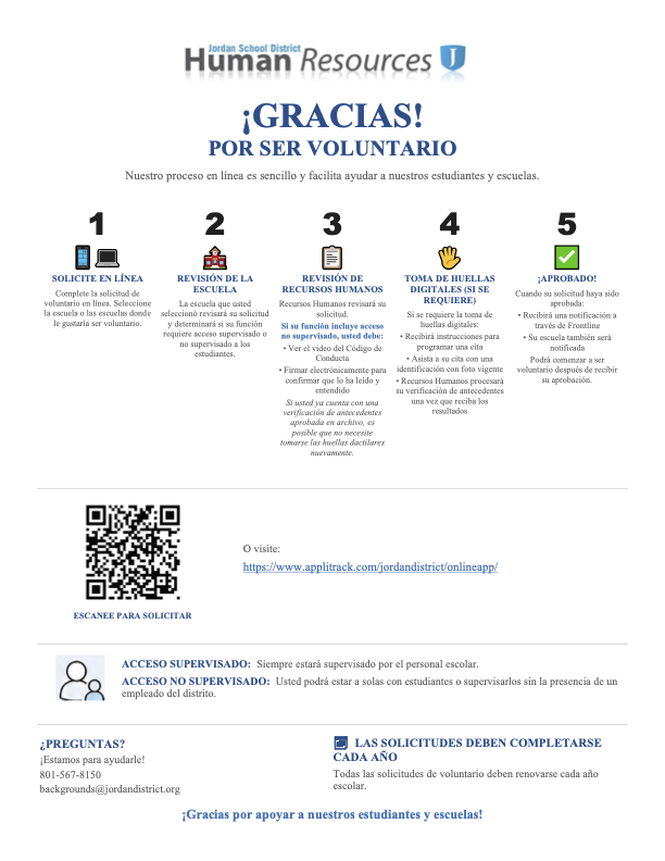 The flyer explains the process for a parent to volunteer at the school.