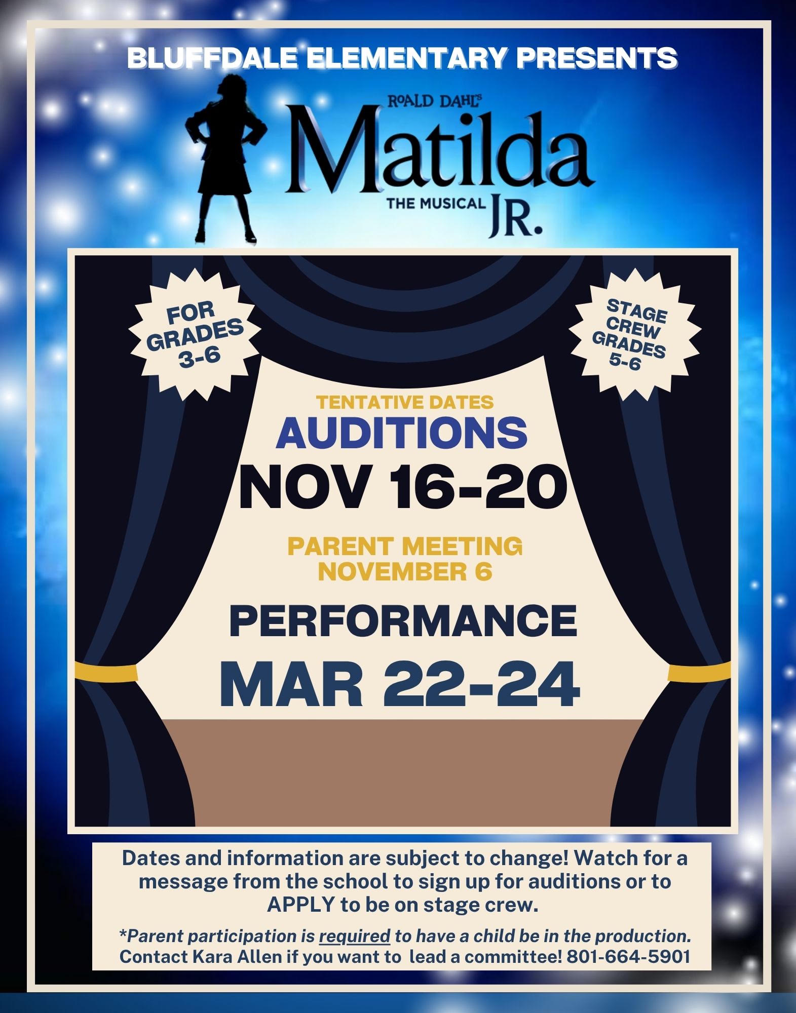 The image shows a picture of a girl standing with her hands on her hips. The musical, Matilda Jr., will have auditions Nov. 16-20 with the performances March 22-24.